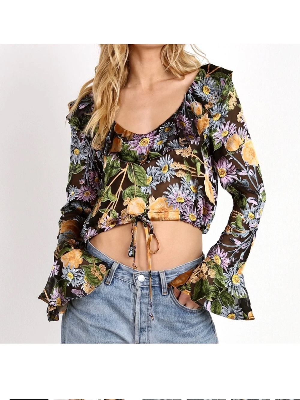 For Love & Lemons Black Floral Tie-Front Crop Top with Yellow & Purple Blooms